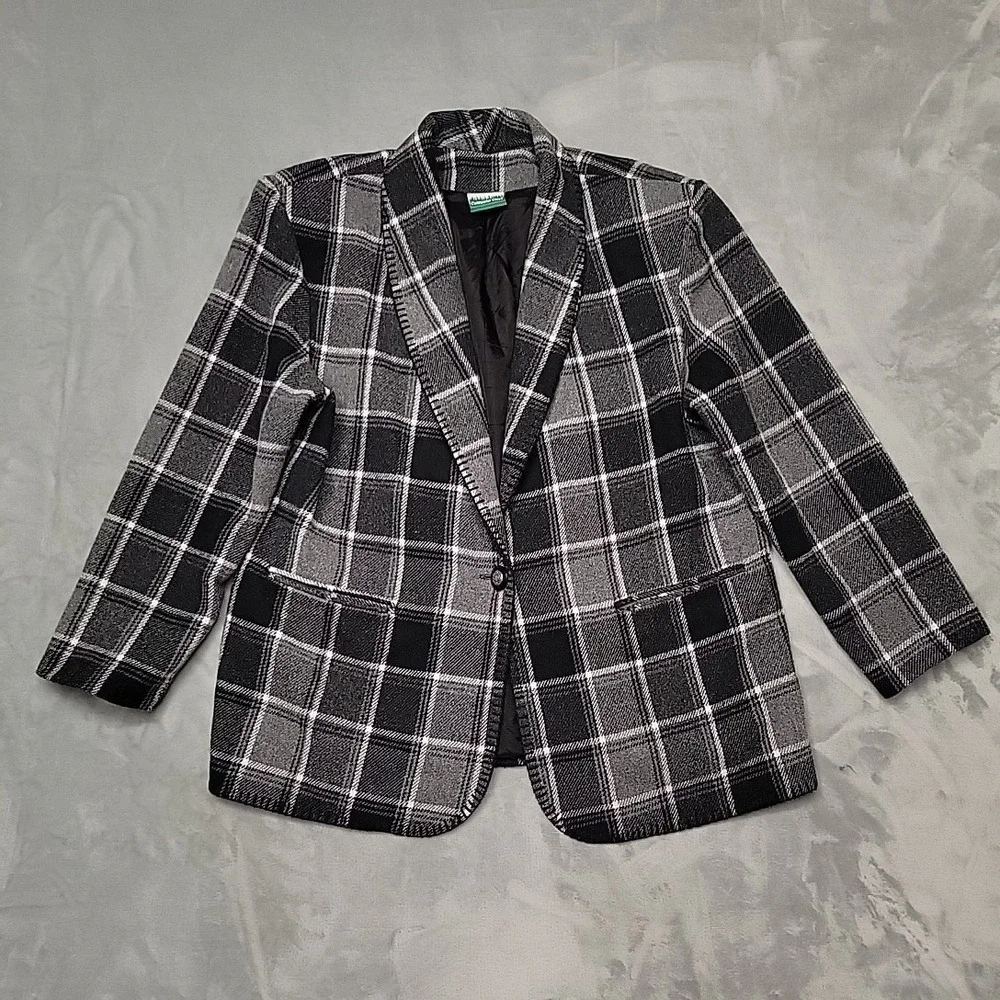 VTG Coldwater Creek Jacket Women Medium Petite Black Plaid Blazer Wool Blend USA